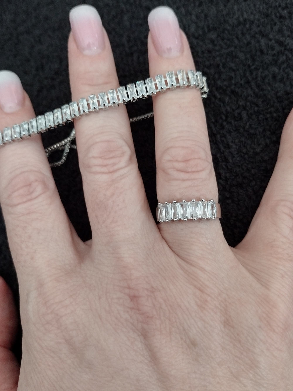 Silver Cubic Zirconia Baguette Bracelet & Ring - Sparkling White